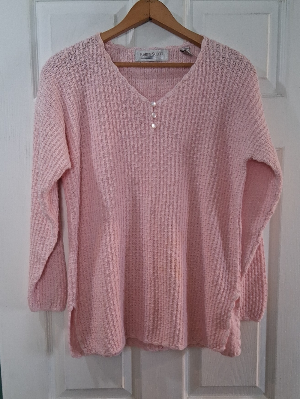 Karen Scott Light Pink V-Neck Knit Sweater with Pearl Accent